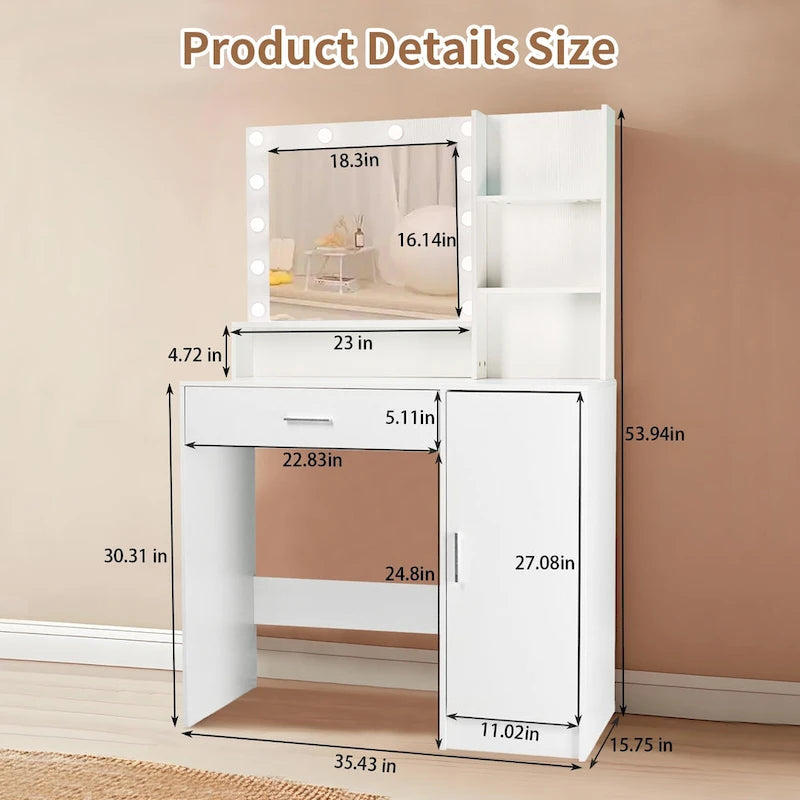 Vanity Desk with Mirror and Lights,with Drawer & Storage Cabinet,3 Lighting Modes Adjustable Brightness,with Open Shelves 16