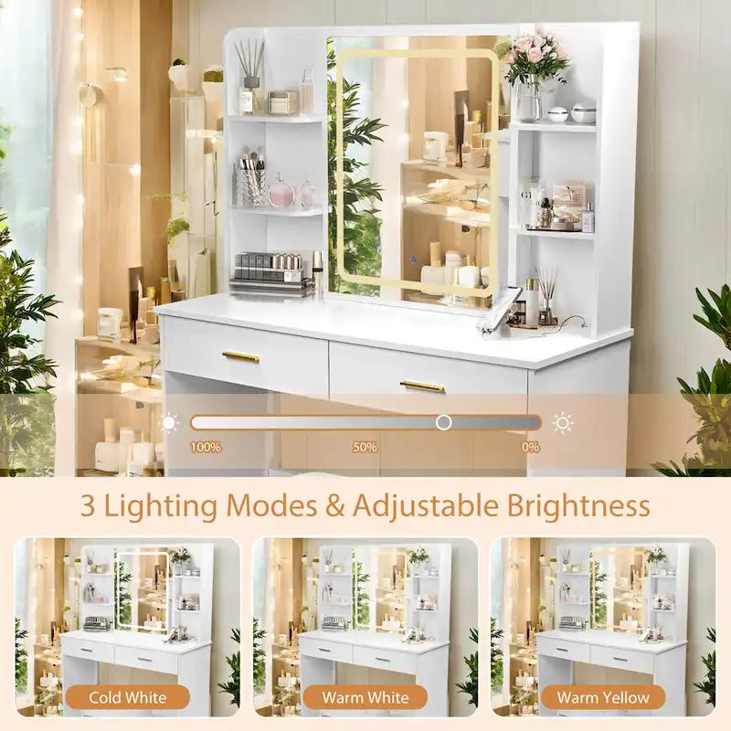 Vanity Desk with Mirror and Lights,with Drawer & Storage Cabinet,3 Lighting Modes Adjustable Brightness,with Open Shelves 18
