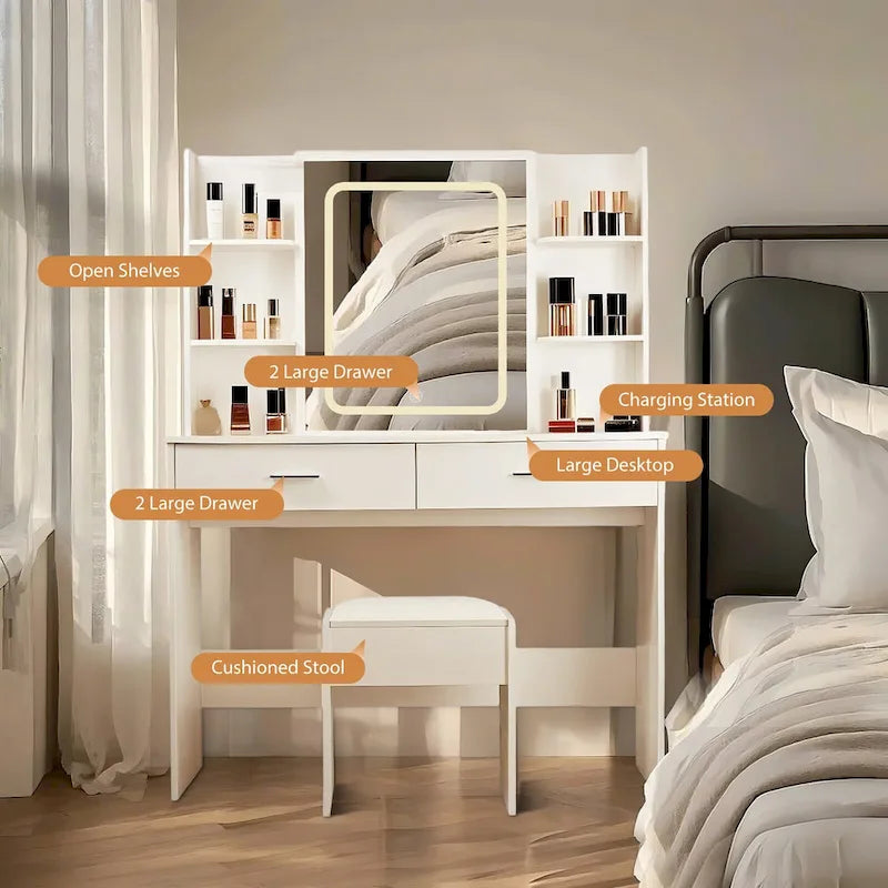 Vanity Desk with Mirror and Lights,with Drawer & Storage Cabinet,3 Lighting Modes Adjustable Brightness,with Open Shelves 19