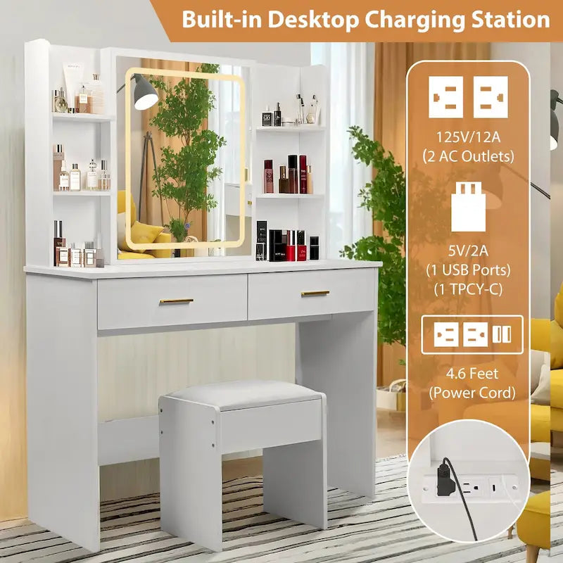 Vanity Desk with Mirror and Lights,with Drawer & Storage Cabinet,3 Lighting Modes Adjustable Brightness,with Open Shelves 20