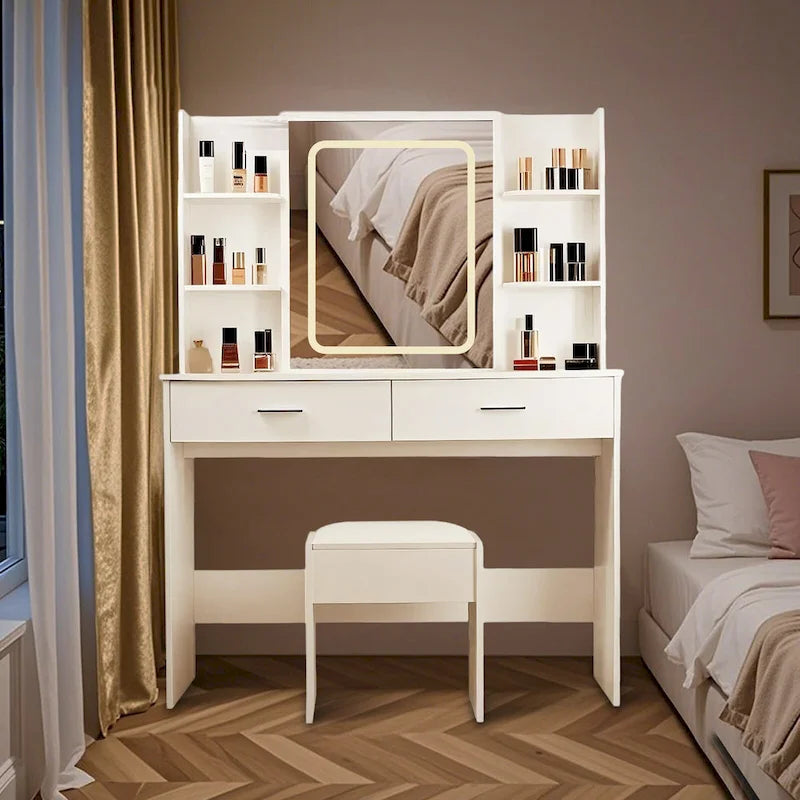 Vanity Desk with Mirror and Lights,with Drawer & Storage Cabinet,3 Lighting Modes Adjustable Brightness,with Open Shelves 22