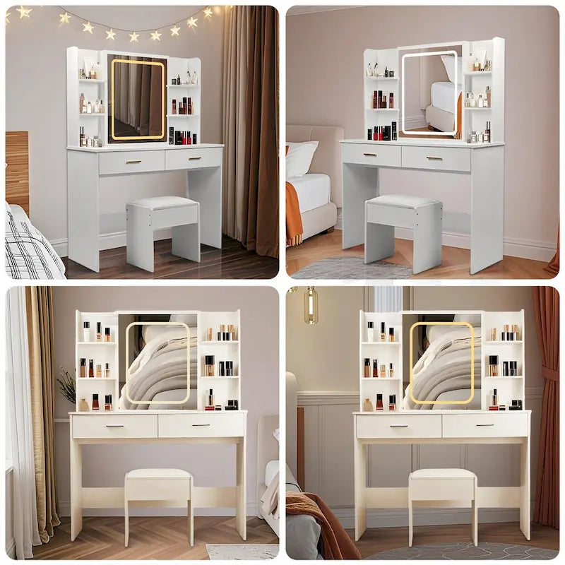 Vanity Desk with Mirror and Lights,with Drawer & Storage Cabinet,3 Lighting Modes Adjustable Brightness,with Open Shelves 23