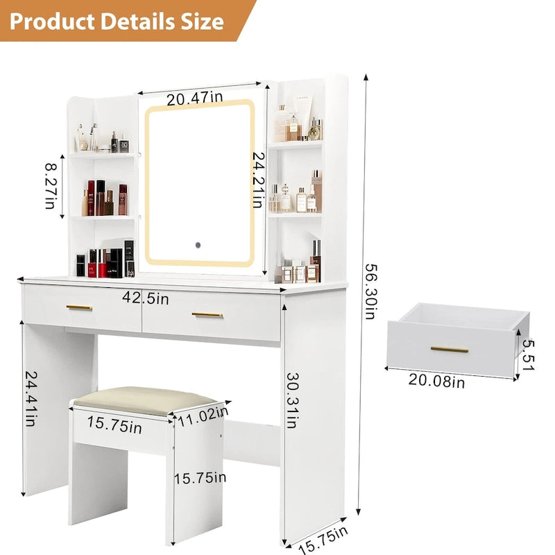 Vanity Desk with Mirror and Lights,with Drawer & Storage Cabinet,3 Lighting Modes Adjustable Brightness,with Open Shelves 24