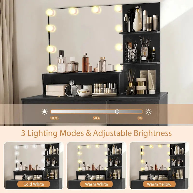 Vanity Desk with Mirror and Lights,with Drawer & Storage Cabinet,3 Lighting Modes Adjustable Brightness,with Open Shelves 26