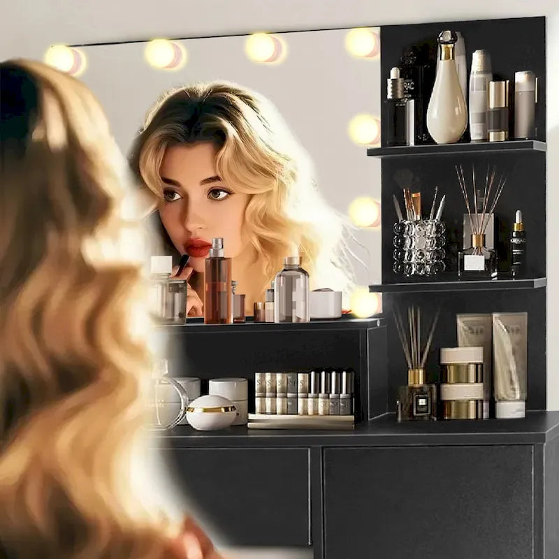 Vanity Desk with Mirror and Lights,with Drawer & Storage Cabinet,3 Lighting Modes Adjustable Brightness,with Open Shelves 27