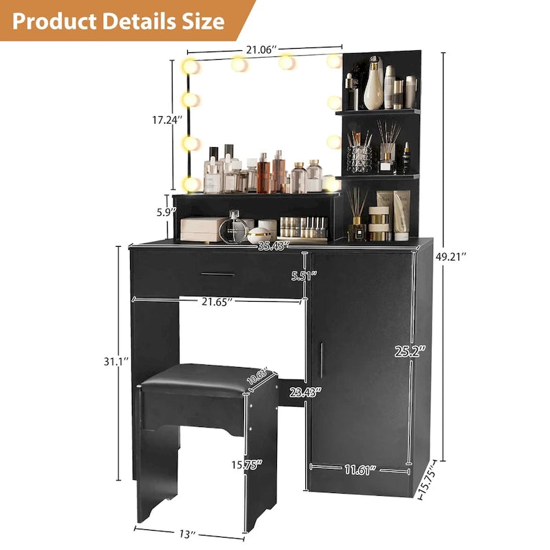 Vanity Desk with Mirror and Lights,with Drawer & Storage Cabinet,3 Lighting Modes Adjustable Brightness,with Open Shelves 28