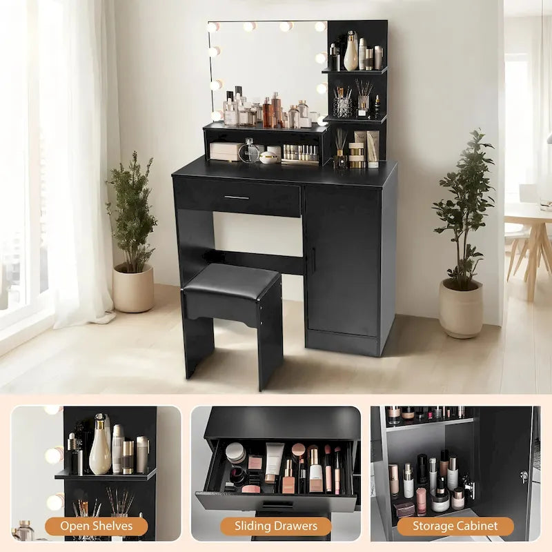 Vanity Desk with Mirror and Lights,with Drawer & Storage Cabinet,3 Lighting Modes Adjustable Brightness,with Open Shelves 29