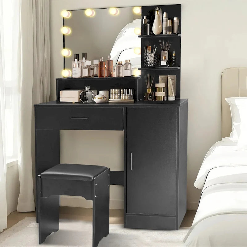 Vanity Desk with Mirror and Lights,with Drawer & Storage Cabinet,3 Lighting Modes Adjustable Brightness,with Open Shelves 30