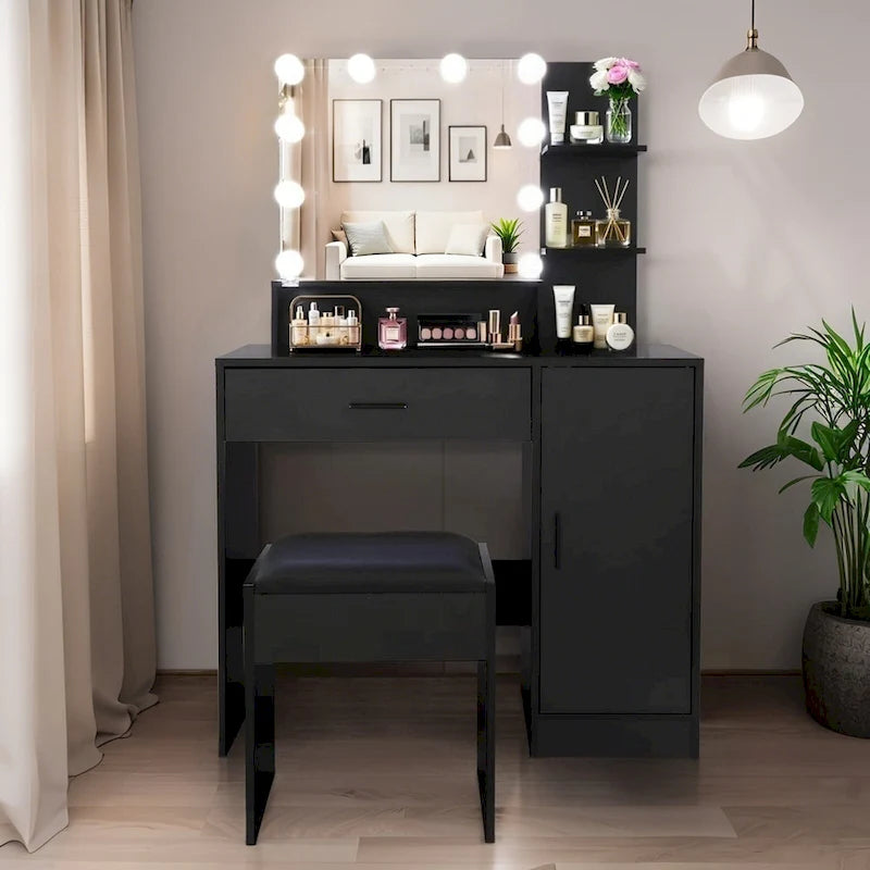Vanity Desk with Mirror and Lights,with Drawer & Storage Cabinet,3 Lighting Modes Adjustable Brightness,with Open Shelves 31