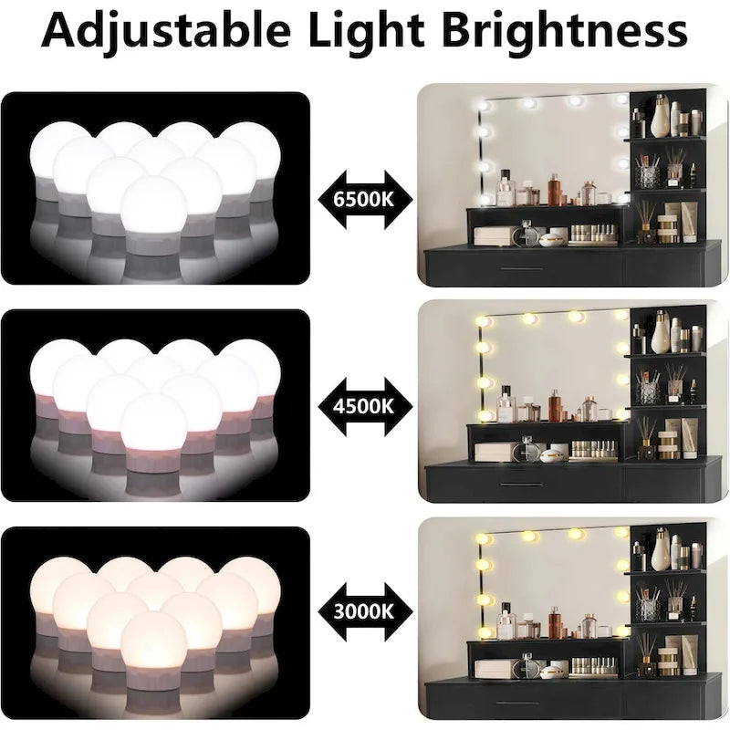 Vanity Desk with Mirror and Lights,with Drawer & Storage Cabinet,3 Lighting Modes Adjustable Brightness,with Open Shelves 32