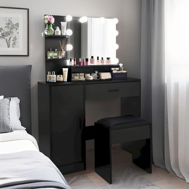Vanity Desk with Mirror and Lights,with Drawer & Storage Cabinet,3 Lighting Modes Adjustable Brightness,with Open Shelves 33