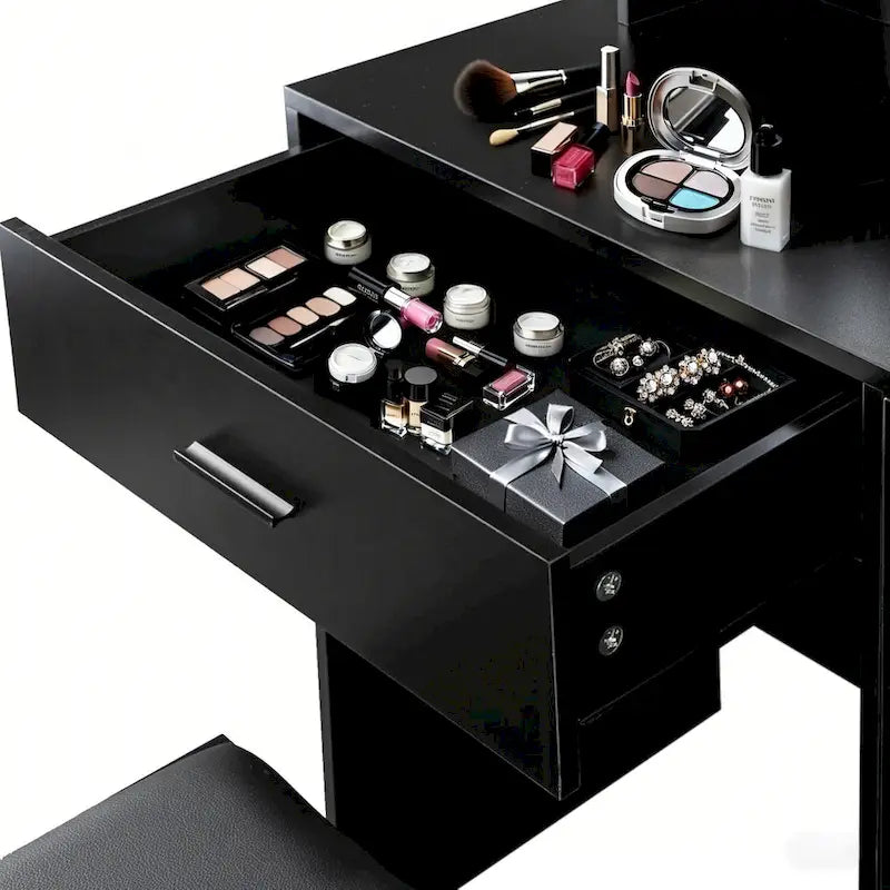 Vanity Desk with Mirror and Lights,with Drawer & Storage Cabinet,3 Lighting Modes Adjustable Brightness,with Open Shelves 34