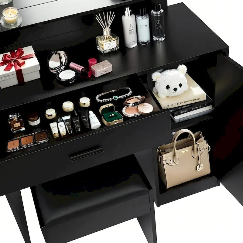 Vanity Desk with Mirror and Lights,with Drawer & Storage Cabinet,3 Lighting Modes Adjustable Brightness,with Open Shelves 35