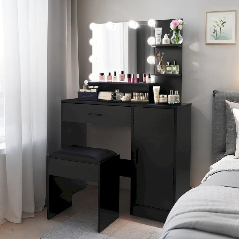 Vanity Desk with Mirror and Lights,with Drawer & Storage Cabinet,3 Lighting Modes Adjustable Brightness,with Open Shelves 36