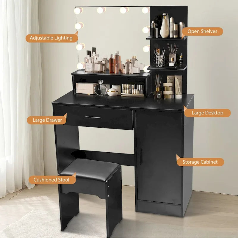 Vanity Desk with Mirror and Lights,with Drawer & Storage Cabinet,3 Lighting Modes Adjustable Brightness,with Open Shelves 37