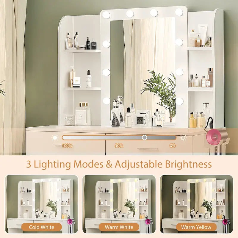 Vanity Desk with Mirror and Lights,with Drawer & Storage Cabinet,3 Lighting Modes Adjustable Brightness,with Open Shelves 39