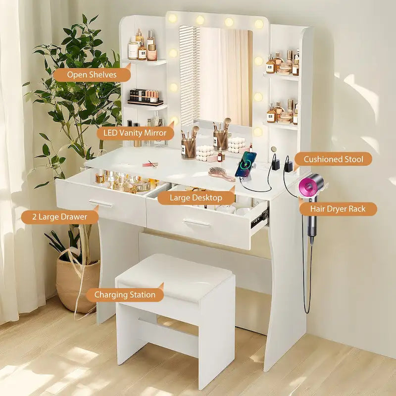Vanity Desk with Mirror and Lights,with Drawer & Storage Cabinet,3 Lighting Modes Adjustable Brightness,with Open Shelves 40