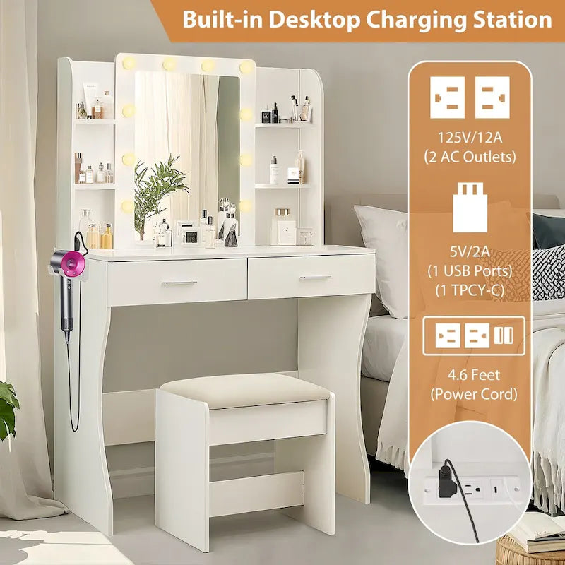 Vanity Desk with Mirror and Lights,with Drawer & Storage Cabinet,3 Lighting Modes Adjustable Brightness,with Open Shelves 41