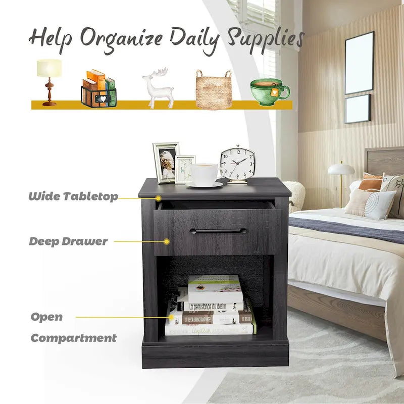 Gymax Nightstand with Drawer and Shelf Rustic Wooden Bedside Table