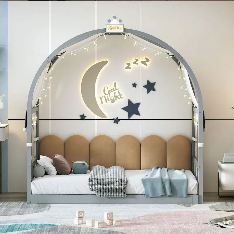 Gray Twin Size Bed with Arched Roof and Trundle