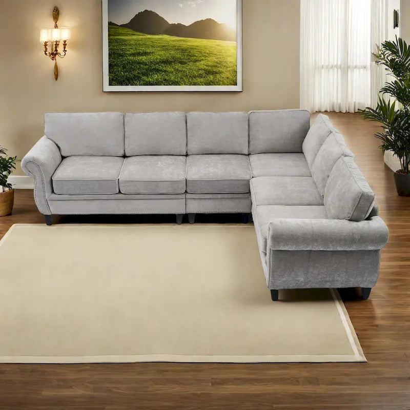 109.5 Chenille 6-Seater L-Shaped Sectional Sofa with Rivets Decorated Rolled Armrests,Cushions, and Wood Frame 34
