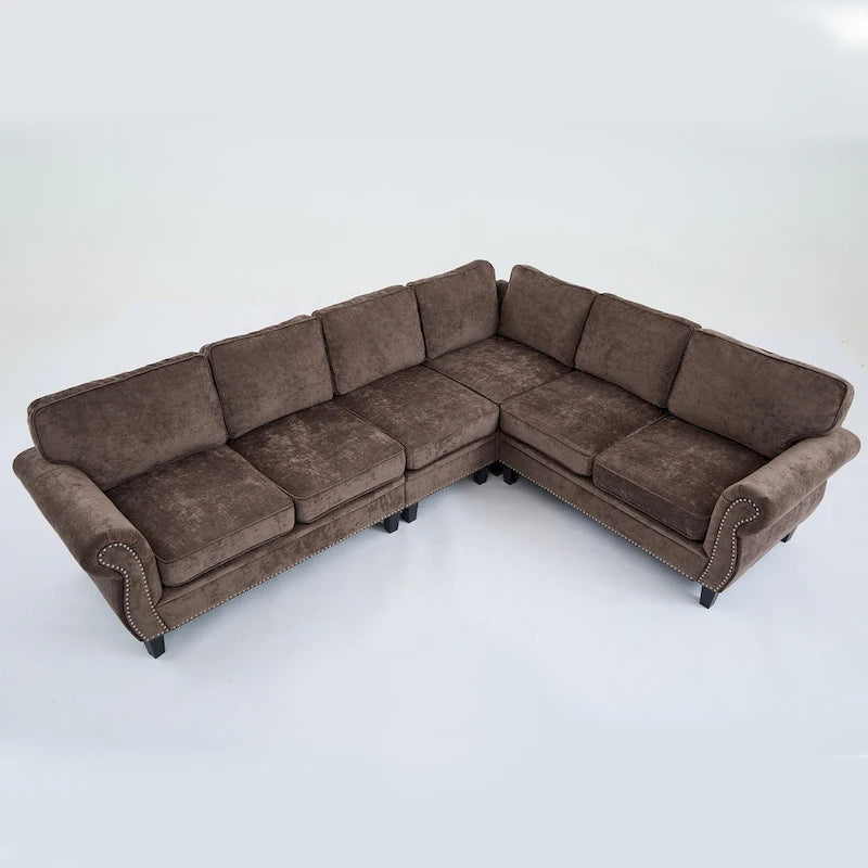 109.5 Chenille 6-Seater L-Shaped Sectional Sofa with Rivets Decorated Rolled Armrests,Cushions, and Wood Frame 8