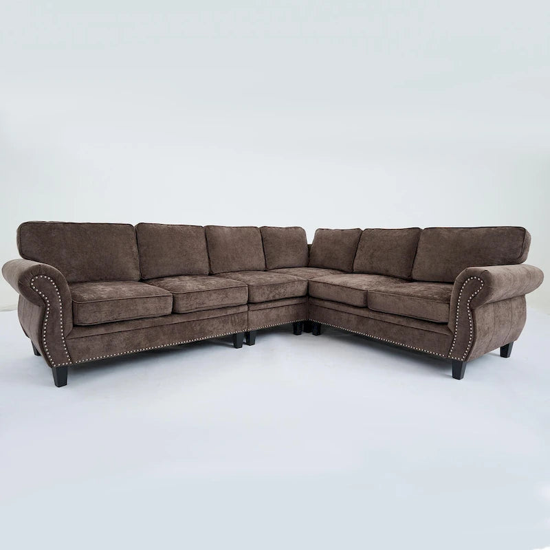 109.5 Chenille 6-Seater L-Shaped Sectional Sofa with Rivets Decorated Rolled Armrests,Cushions, and Wood Frame 9