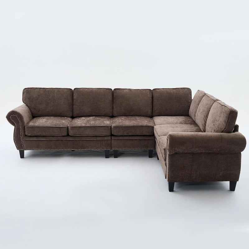 109.5 Chenille 6-Seater L-Shaped Sectional Sofa with Rivets Decorated Rolled Armrests,Cushions, and Wood Frame 10