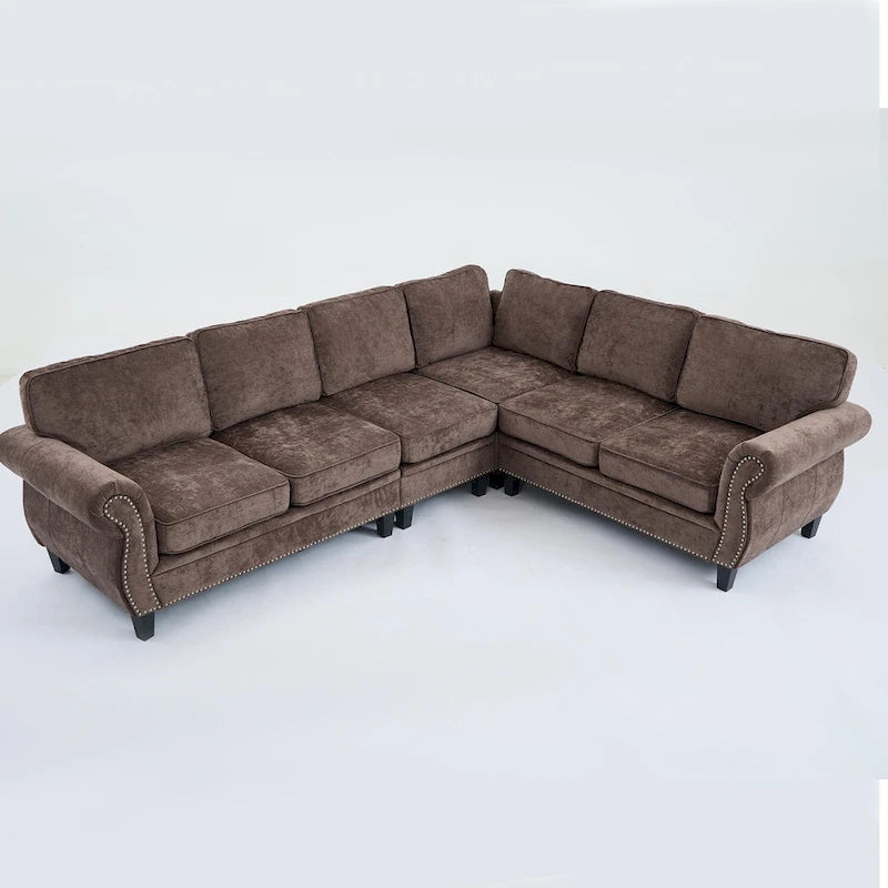 109.5 Chenille 6-Seater L-Shaped Sectional Sofa with Rivets Decorated Rolled Armrests,Cushions, and Wood Frame 11