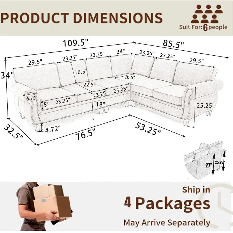 109.5 Chenille 6-Seater L-Shaped Sectional Sofa with Rivets Decorated Rolled Armrests,Cushions, and Wood Frame 12