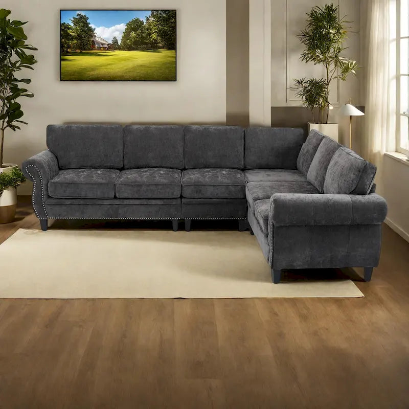 109.5 Chenille 6-Seater L-Shaped Sectional Sofa with Rivets Decorated Rolled Armrests,Cushions, and Wood Frame 13