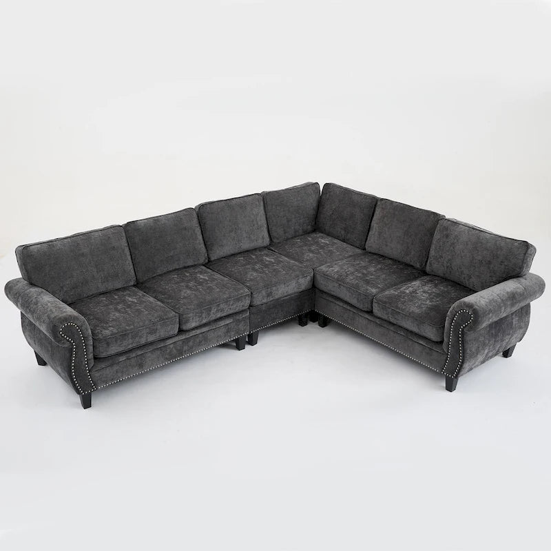 109.5 Chenille 6-Seater L-Shaped Sectional Sofa with Rivets Decorated Rolled Armrests,Cushions, and Wood Frame 19