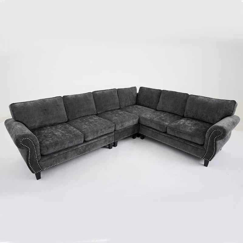 109.5 Chenille 6-Seater L-Shaped Sectional Sofa with Rivets Decorated Rolled Armrests,Cushions, and Wood Frame 20