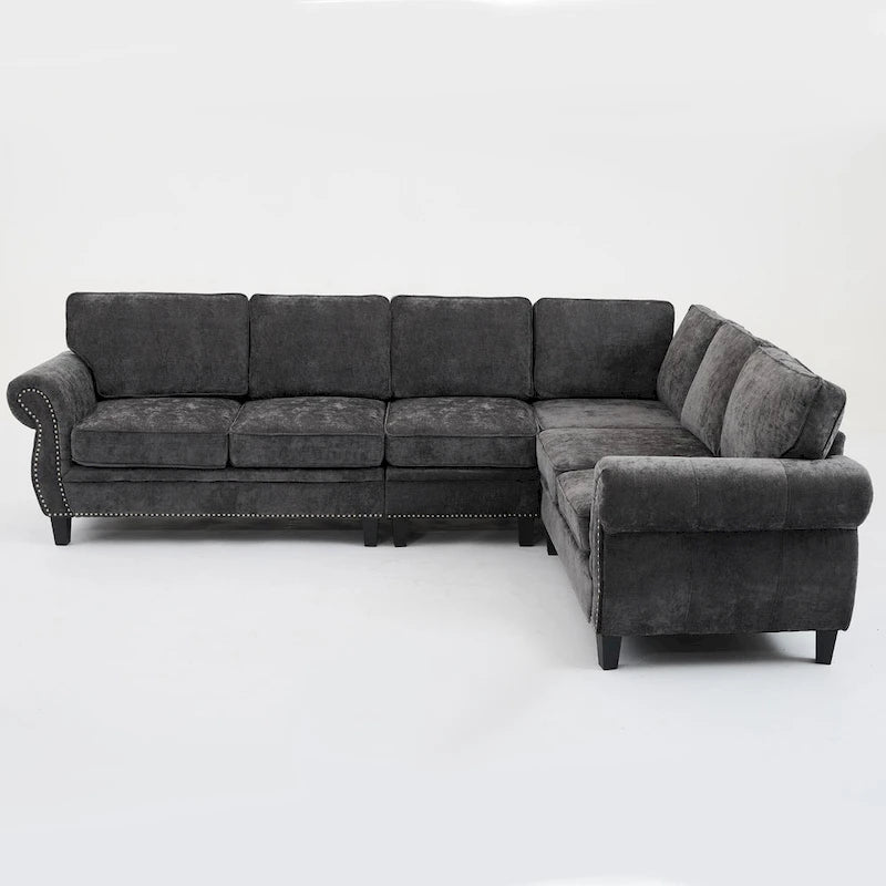109.5 Chenille 6-Seater L-Shaped Sectional Sofa with Rivets Decorated Rolled Armrests,Cushions, and Wood Frame 21