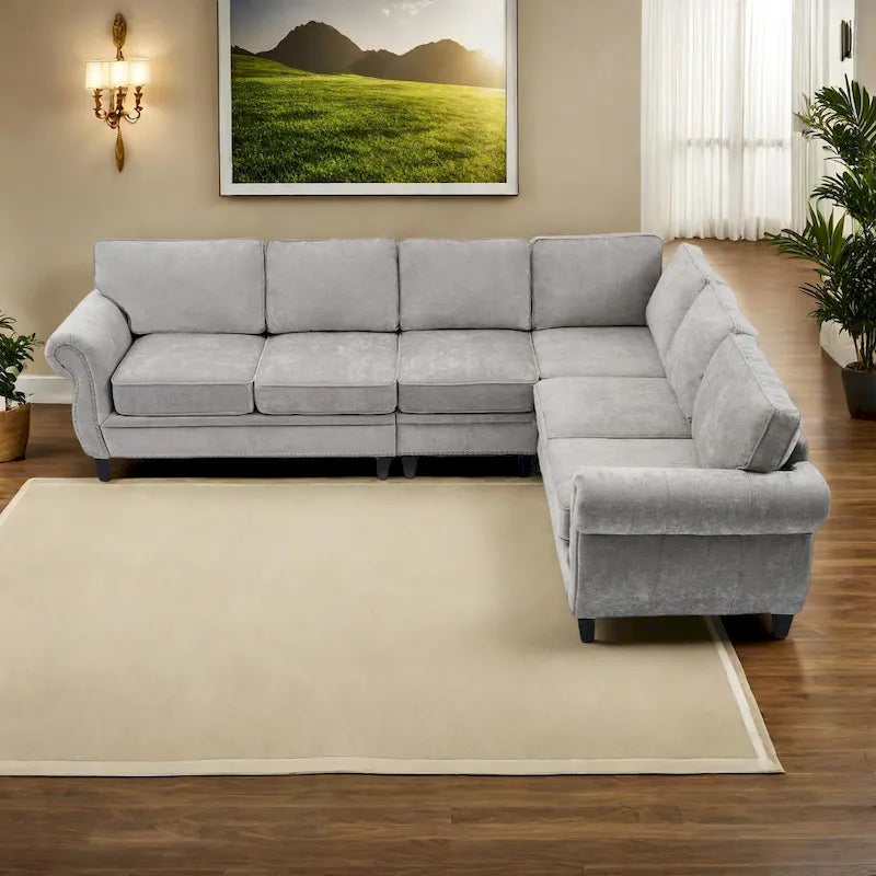 109.5 Chenille 6-Seater L-Shaped Sectional Sofa with Rivets Decorated Rolled Armrests,Cushions, and Wood Frame 22