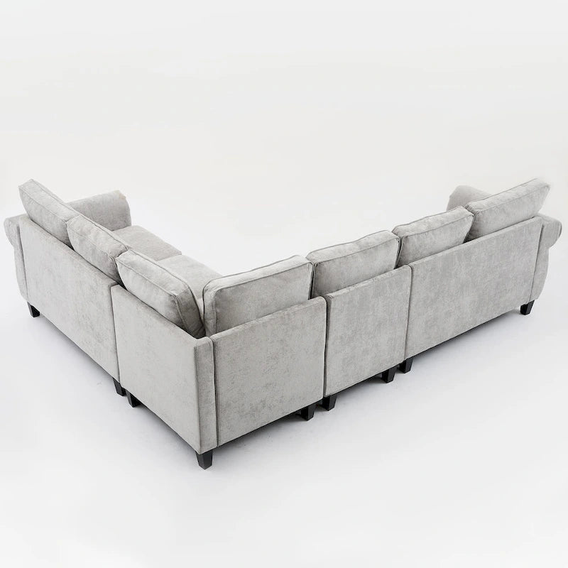 109.5 Chenille 6-Seater L-Shaped Sectional Sofa with Rivets Decorated Rolled Armrests,Cushions, and Wood Frame 28