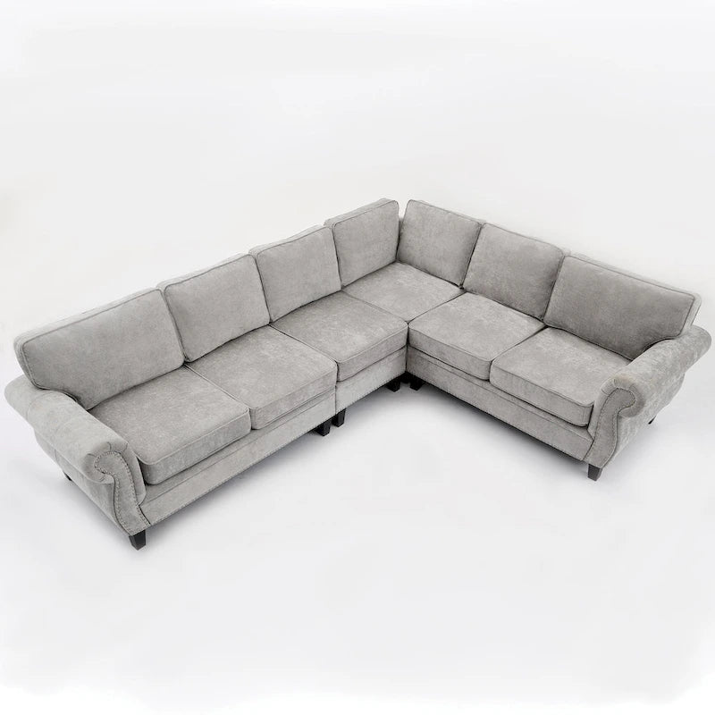 109.5 Chenille 6-Seater L-Shaped Sectional Sofa with Rivets Decorated Rolled Armrests,Cushions, and Wood Frame 29
