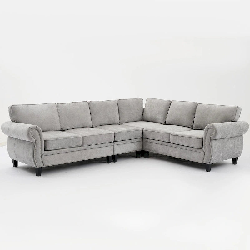 109.5 Chenille 6-Seater L-Shaped Sectional Sofa with Rivets Decorated Rolled Armrests,Cushions, and Wood Frame 30