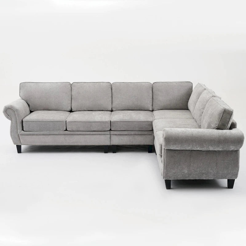 109.5 Chenille 6-Seater L-Shaped Sectional Sofa with Rivets Decorated Rolled Armrests,Cushions, and Wood Frame 31