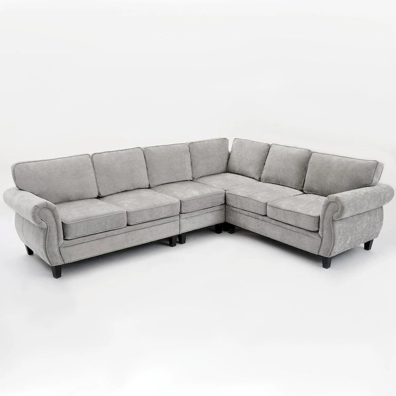 109.5 Chenille 6-Seater L-Shaped Sectional Sofa with Rivets Decorated Rolled Armrests,Cushions, and Wood Frame 32