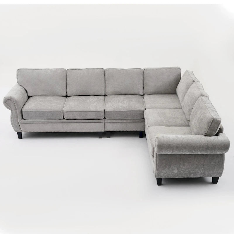 109.5 Chenille 6-Seater L-Shaped Sectional Sofa with Rivets Decorated Rolled Armrests,Cushions, and Wood Frame 33