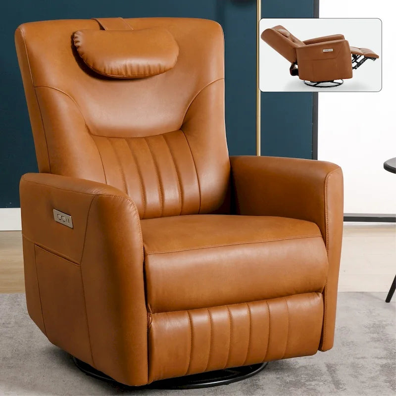 Beige Power Recliner Chair with 270 Swivel, Rocking Motion, Lumbar & Neck Support Pillow, USB & Type-C Ports 35