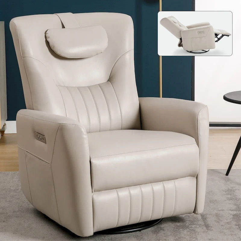 Beige Power Recliner Chair with 270 Swivel, Rocking Motion, Lumbar & Neck Support Pillow, USB & Type-C Ports 36