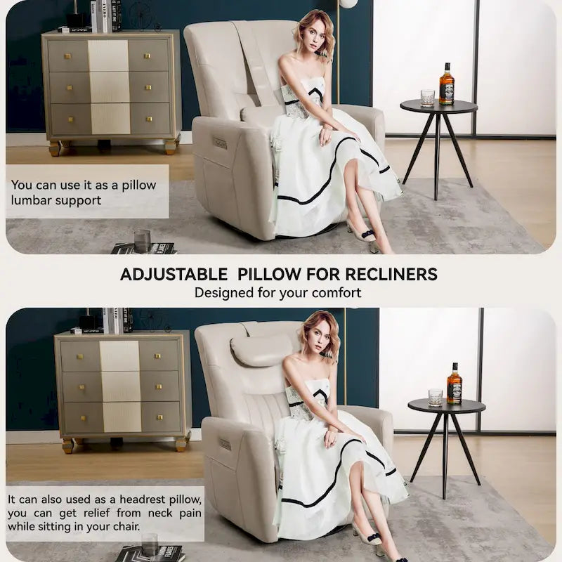 Beige Power Recliner Chair with 270 Swivel, Rocking Motion, Lumbar & Neck Support Pillow, USB & Type-C Ports 3