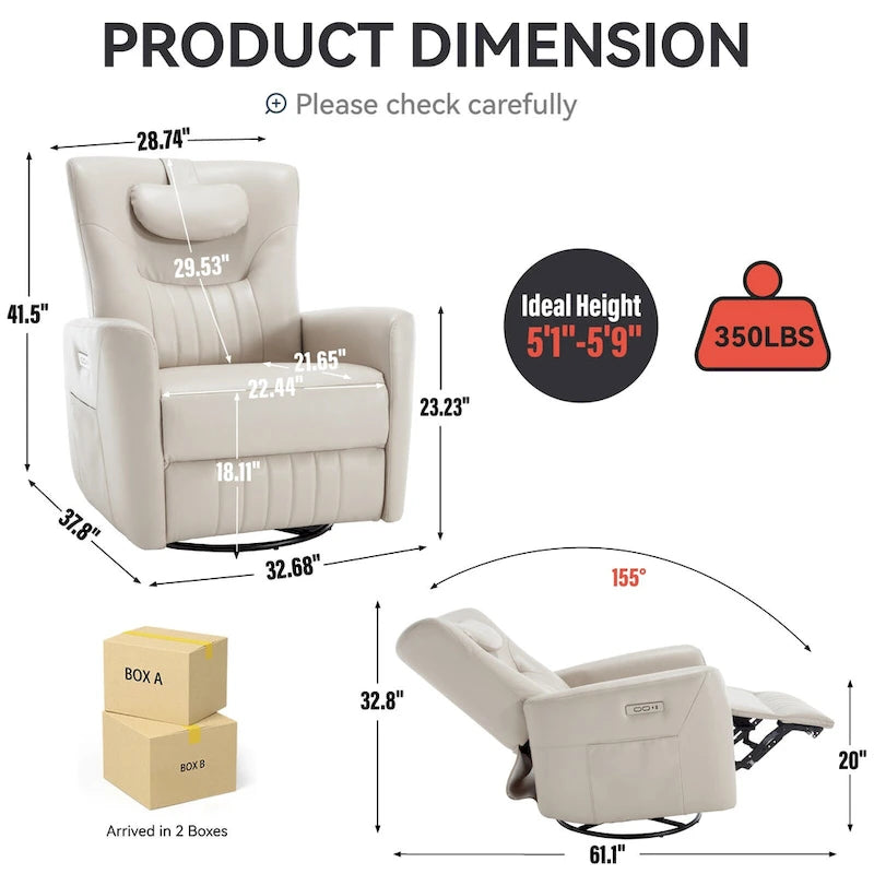 Beige Power Recliner Chair with 270 Swivel, Rocking Motion, Lumbar & Neck Support Pillow, USB & Type-C Ports 4