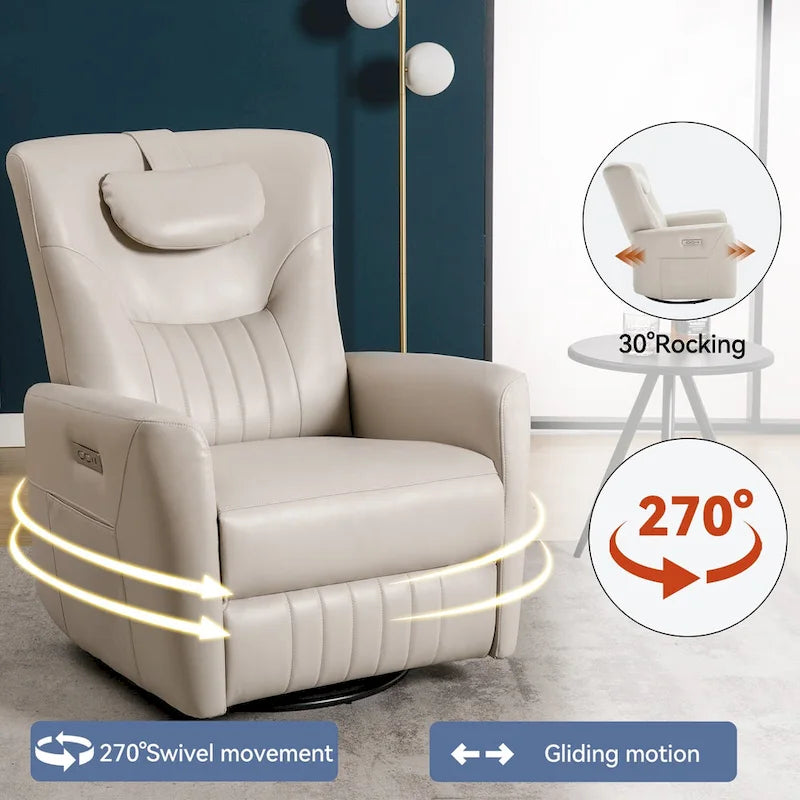 Beige Power Recliner Chair with 270 Swivel, Rocking Motion, Lumbar & Neck Support Pillow, USB & Type-C Ports 11