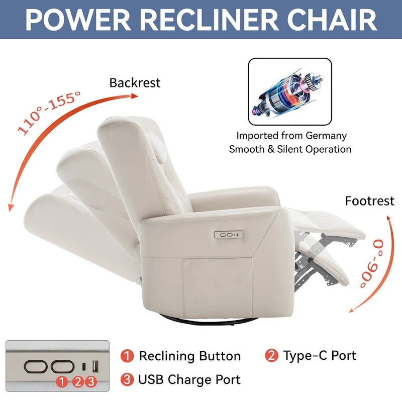 Beige Power Recliner Chair with 270 Swivel, Rocking Motion, Lumbar & Neck Support Pillow, USB & Type-C Ports 12
