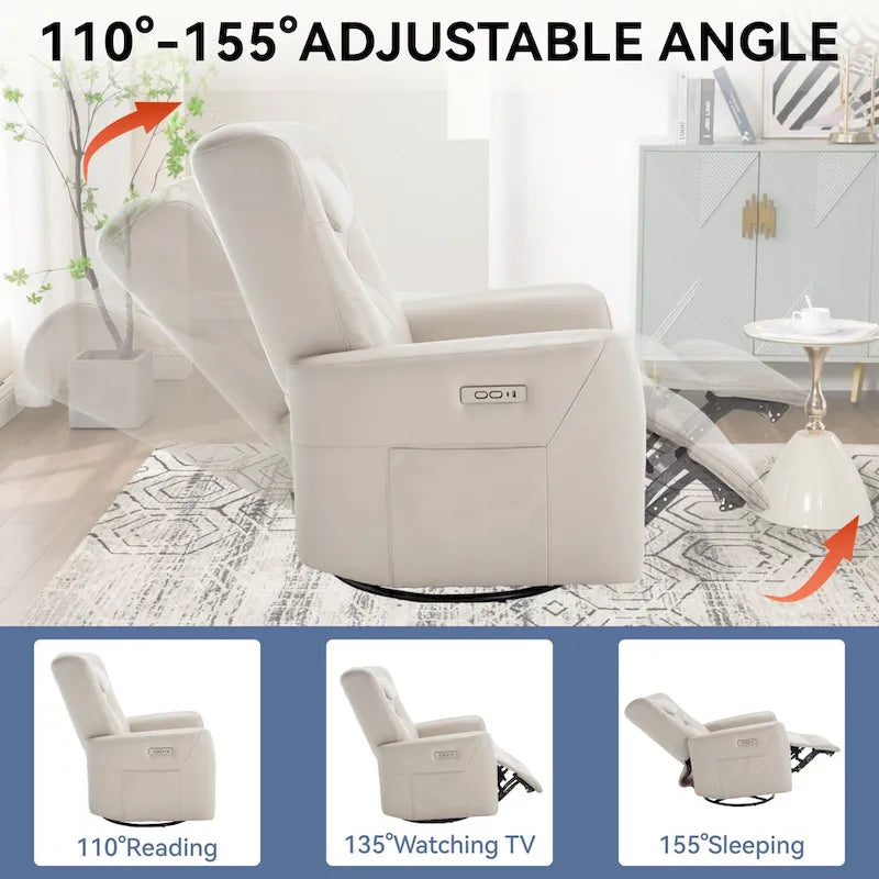 Beige Power Recliner Chair with 270 Swivel, Rocking Motion, Lumbar & Neck Support Pillow, USB & Type-C Ports 14