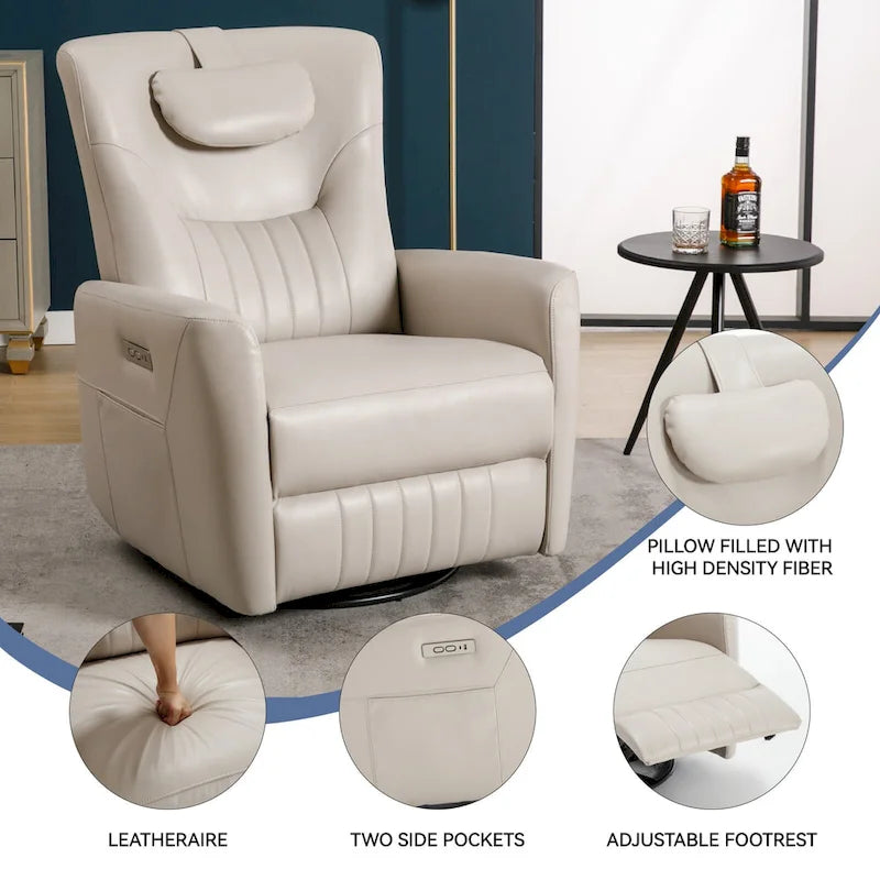 Beige Power Recliner Chair with 270 Swivel, Rocking Motion, Lumbar & Neck Support Pillow, USB & Type-C Ports 15