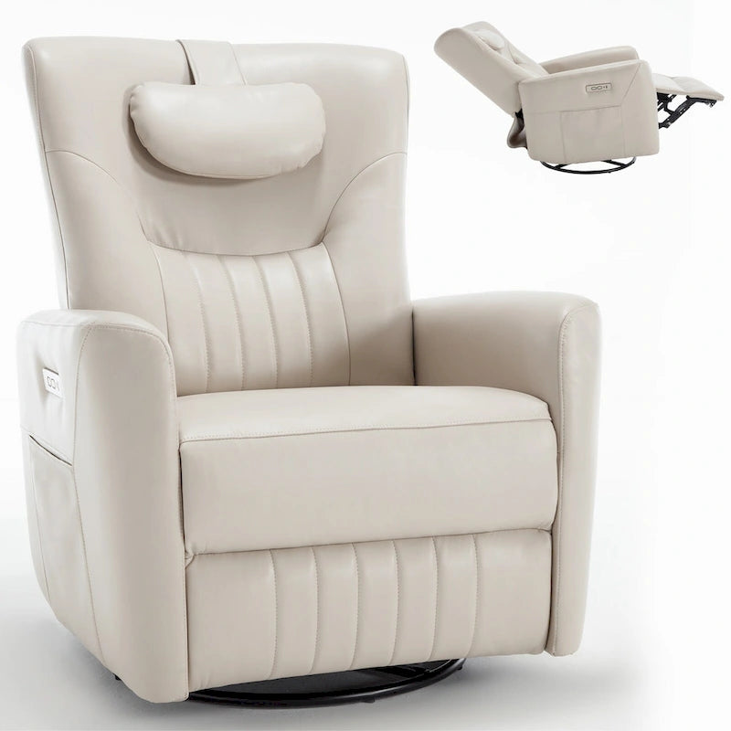 Beige Power Recliner Chair with 270 Swivel, Rocking Motion, Lumbar & Neck Support Pillow, USB & Type-C Ports 16